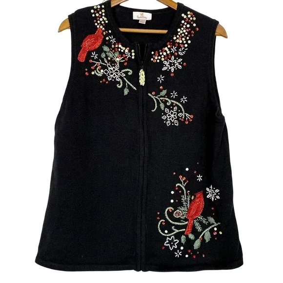 Vtg Large Quacker Factory Sweater Vest Spring Vines Cardinal Teacher Grannycore - Picture 1 of 4